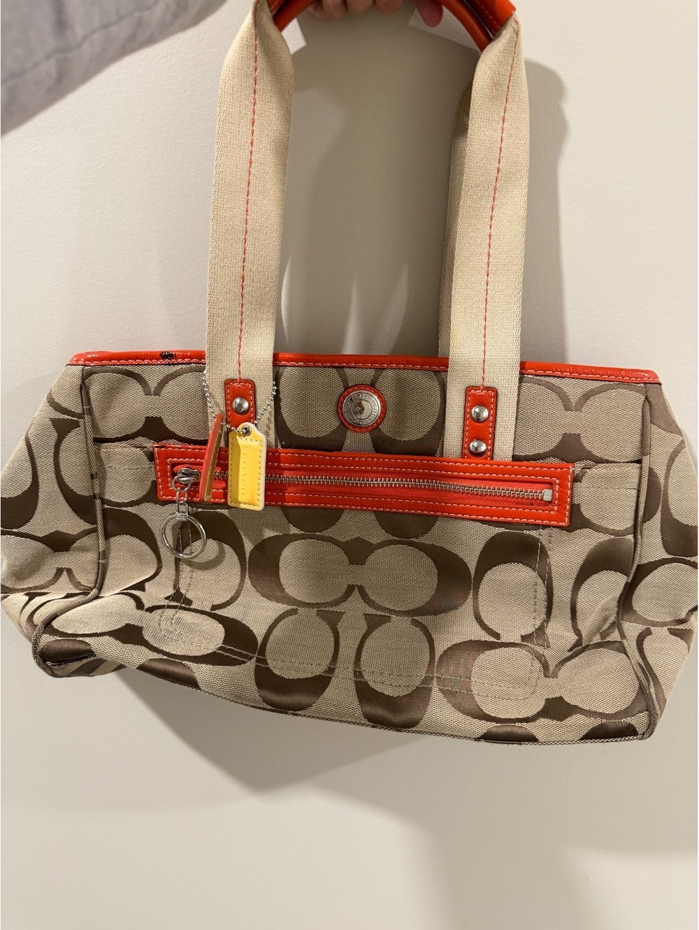 Coach Signature C Canvas Tote Bag Brown Tan Orange Leather Trim Y2K